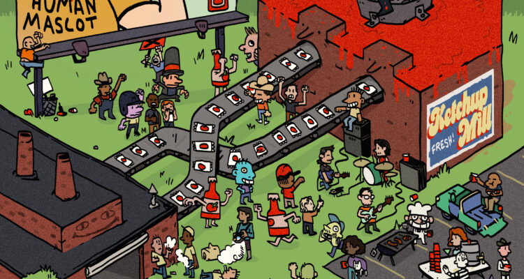 Cartoon album cover for "KETCHUP MILL" by Human Mascot. A chaotic factory scene shows a "Human Mascot" on a billboard drinking ketchup, a brick factory overflowing with red sauce, and a punk band performing on the lawn for a crowd of quirky characters and a person in a ketchup bottle costume.